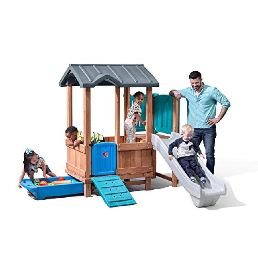 Kids Outdoor Swing Set With Slide - Ormanlık Macera Oyun Evi ve Kaydırak,