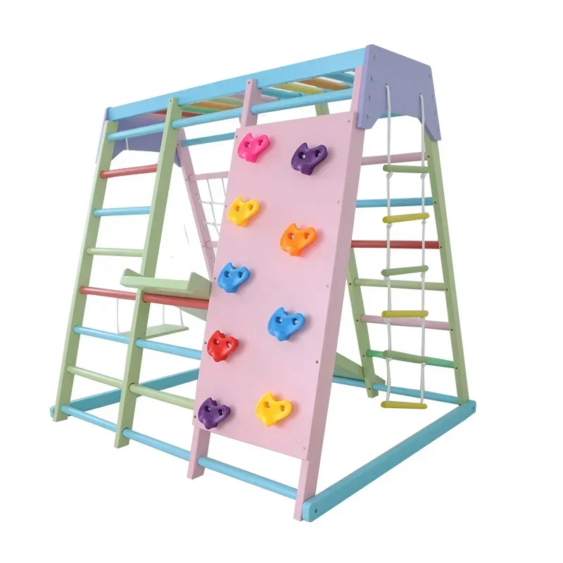 Kids Outdoor Swing Set With Slide - Çocuklar İçin Ahşap Tırmanma Çerçevesi, Salıncaklı